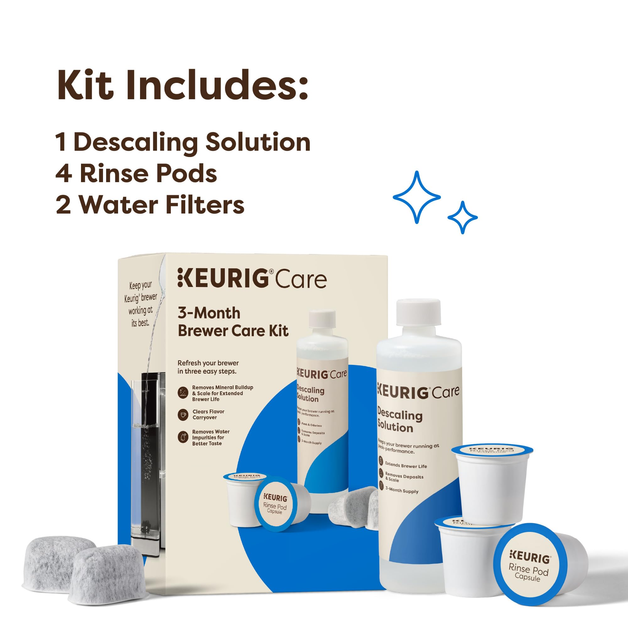 Keurig 3-Month Brewer Maintenance Kit Includes Descaling Solution, Water Filter Cartridges & Rinse Pods, Compatible Classic/1.0 & 2.0 K-Cup Coffee Makers, 7 Count