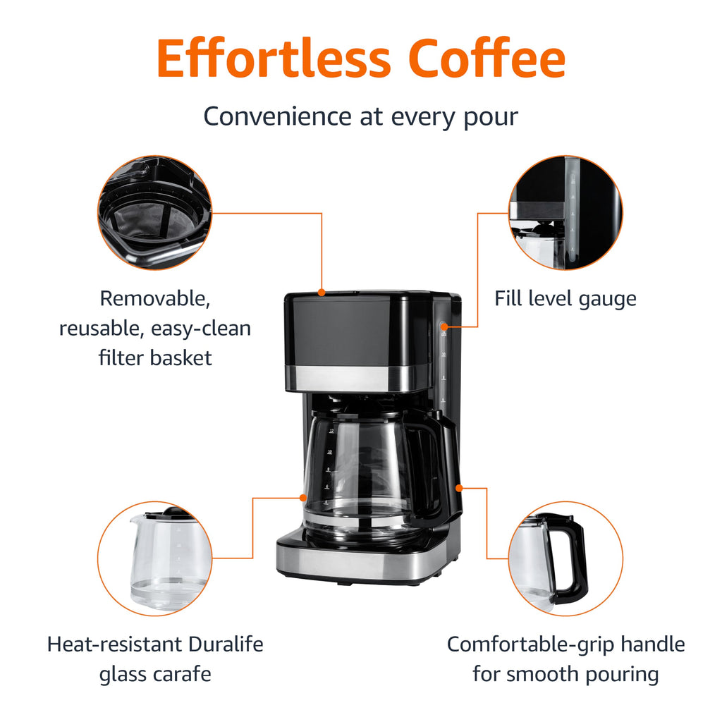 Amazon Basics 5 Cup Drip Coffee Maker with Glass Coffee Pot (0.8 Qt), Auto Shut-off, Auto Pause, Removable Filter Basket, Matte Black