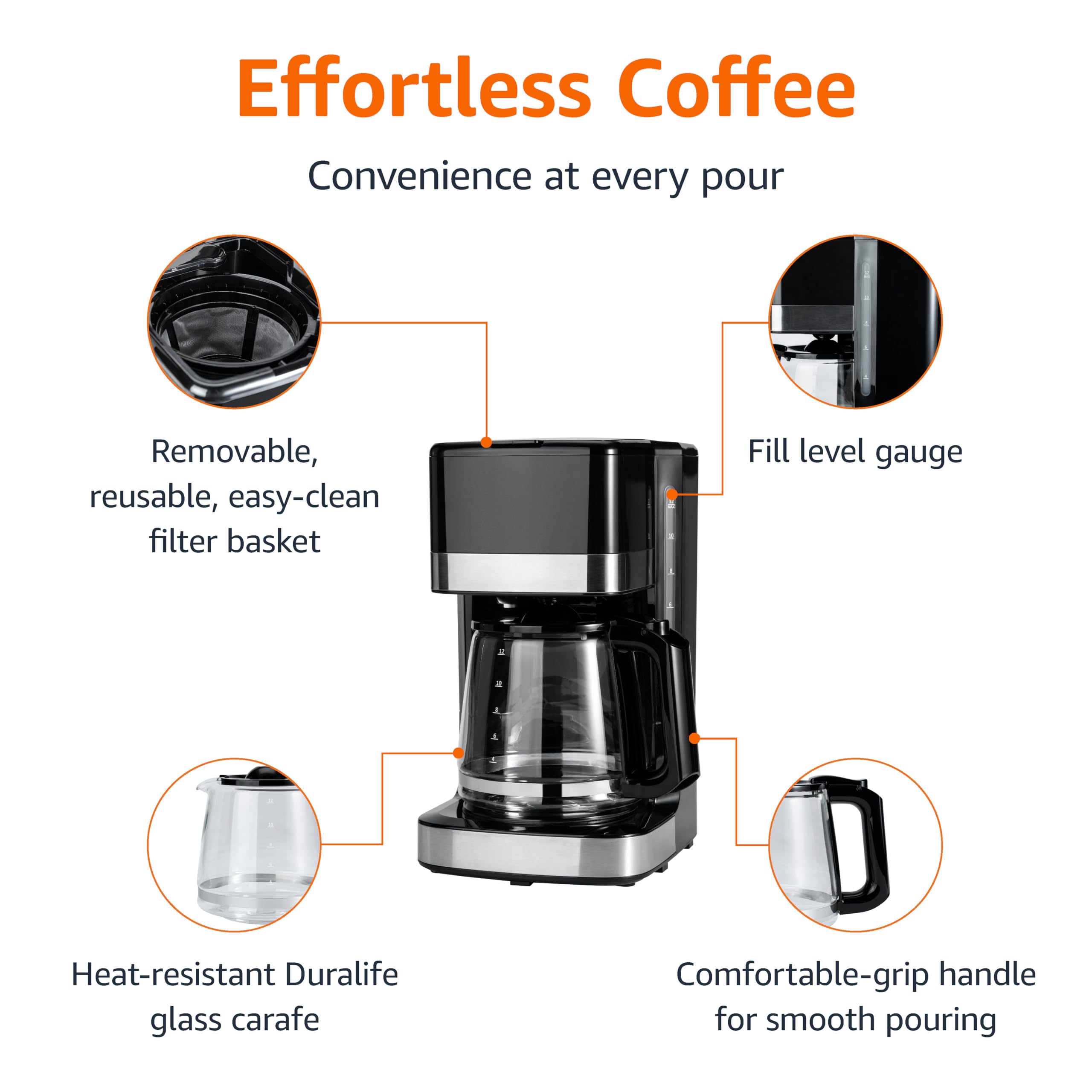 Amazon Basics 5 Cup Drip Coffee Maker with Glass Coffee Pot (0.8 Qt), Auto Shut-off, Auto Pause, Removable Filter Basket, Matte Black