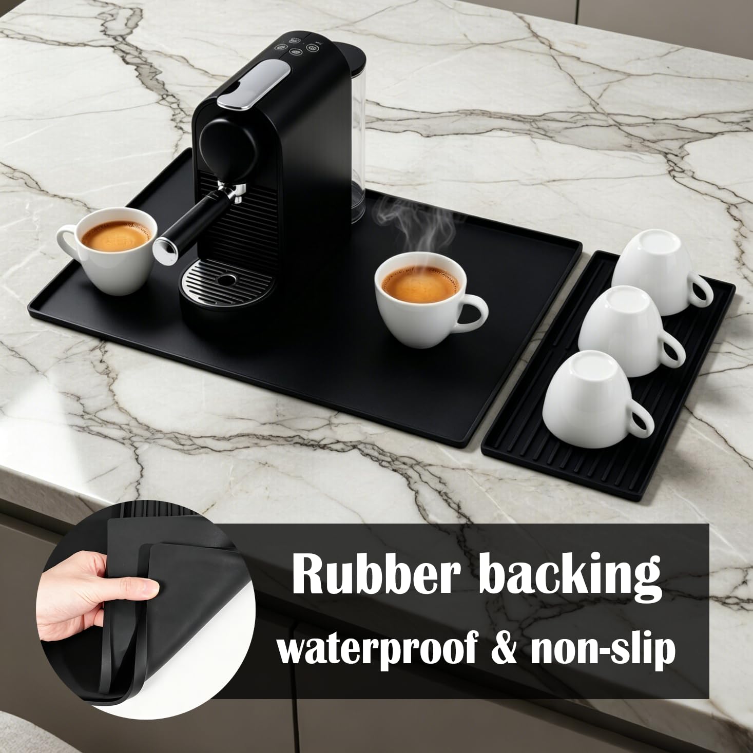 Silicone Coffee Bar Mat 24 x 16 in with Drying Tray, Classic Black | 24 x 16 in food-grade silicone mat for home/coffee bar; removable tray, raised rim, smooth base adds grip, heat insulation