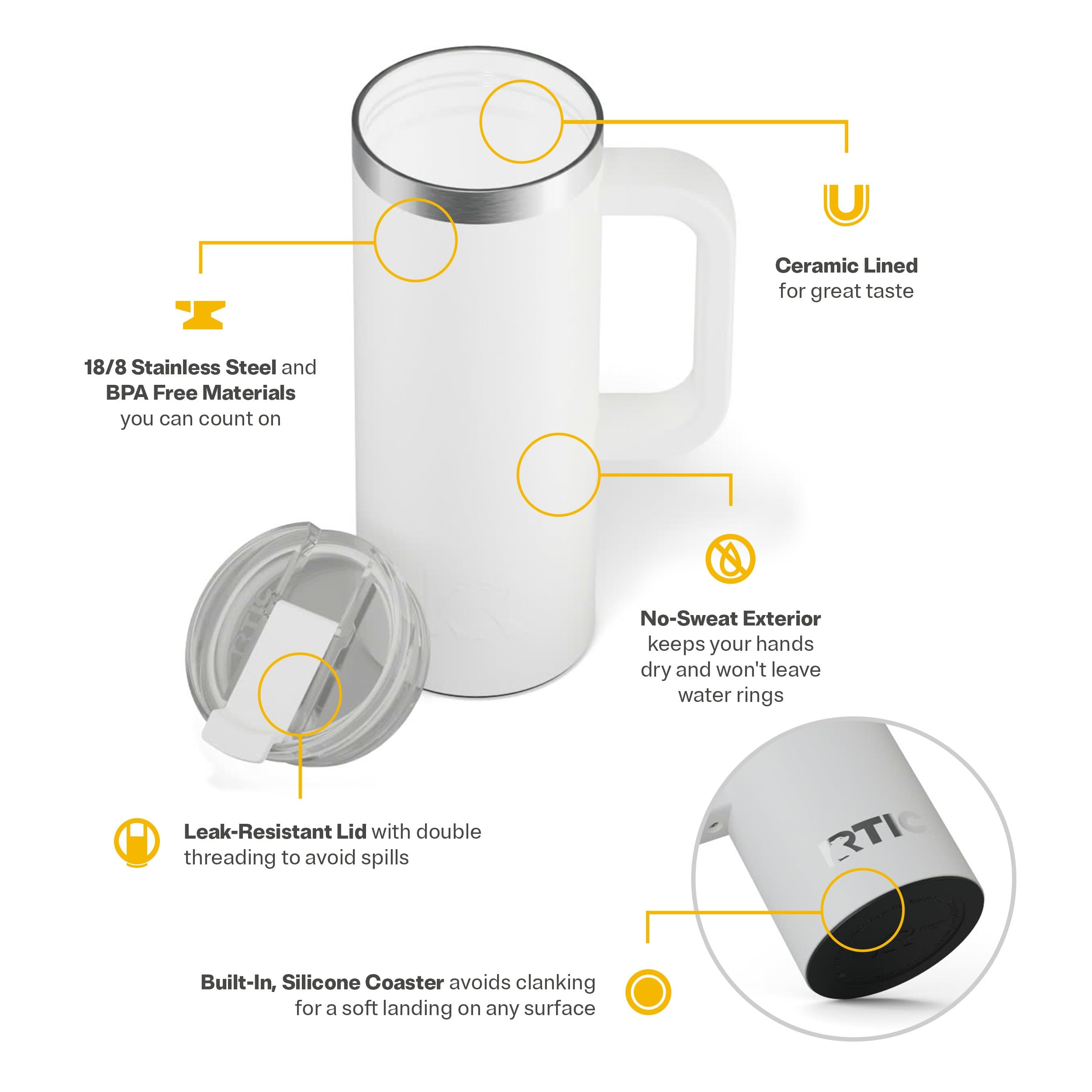RTIC 20oz Road Trip Travel Mug with Lid and Handle, Ceramic Lined, Insulated, Stainless Steel, Metal, Double Wall Vacuum-Insulation, Portable Coffee, Tea Cup for Hot and Cold Drink, Black