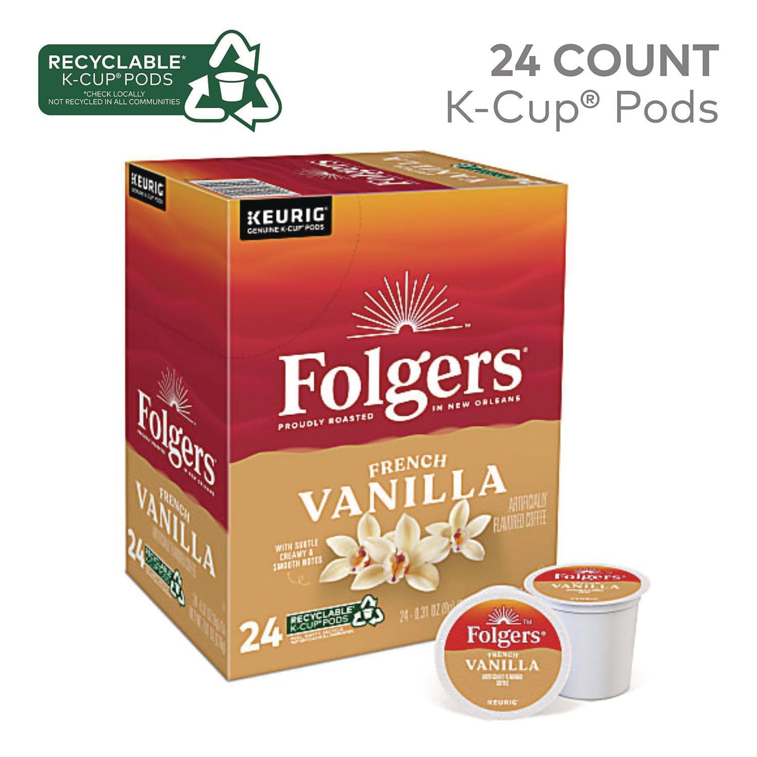 Folgers French Vanilla Artificially Flavored Coffee, Keurig K-Cup pods, 10 Count Box (Pack of 6)