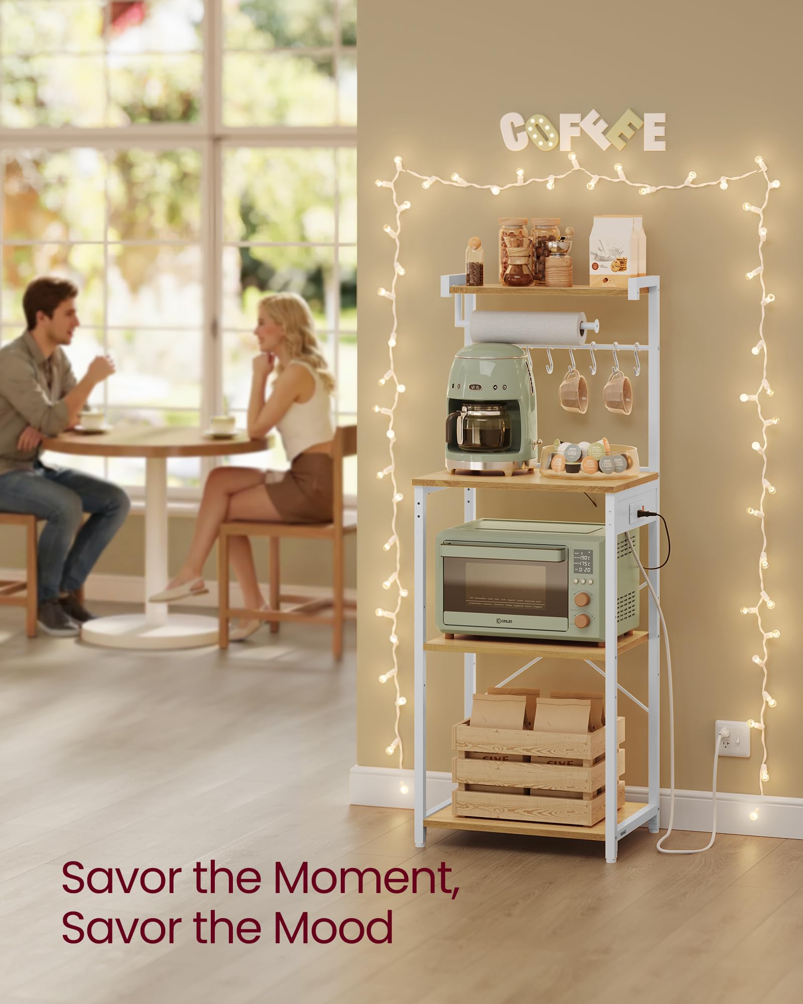 VASAGLE BARNET Collection - Kitchen Bakers Rack with Power Outlet, 31.5-Inch Wide Coffee Bar 4-Tier with 8 S Hooks, Modern Microwave Stand, Adjustable Shelf, Rustic Brown and Ink Black UKKS029KD01