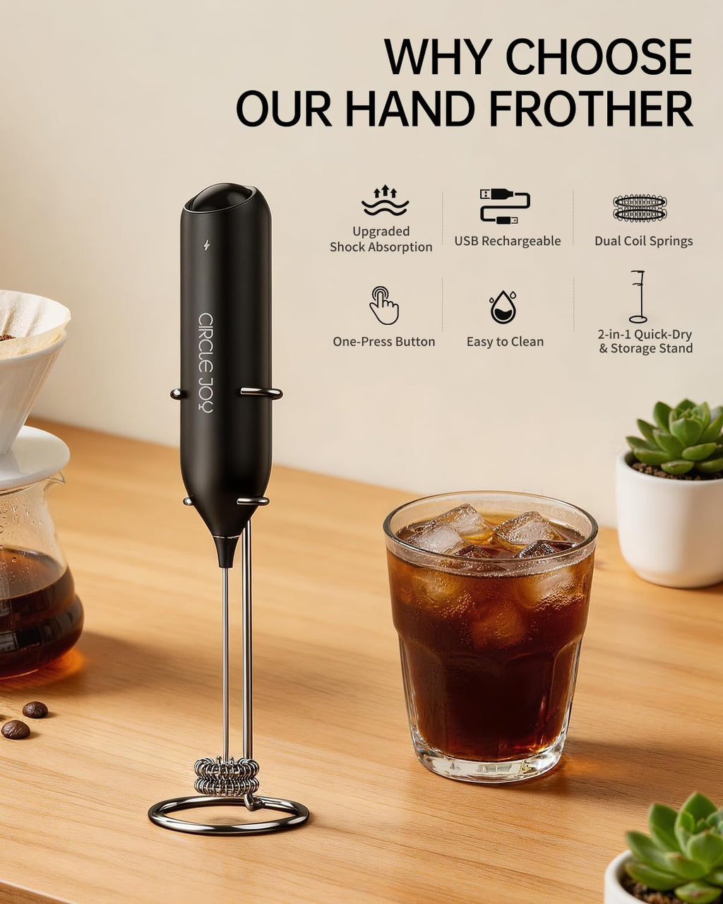 CIRCLE JOY Rechargeable Milk Frother Hanheld, Dual Coil Whisk Head Electric Coffee Frother, Portable Hand Frother Wand Drink Mixer for Matcha Lattes Cappuccino, Kitchen Gifts, Black