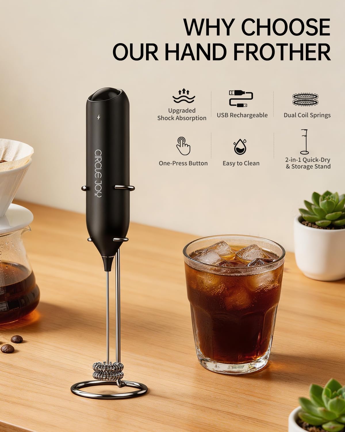 CIRCLE JOY Rechargeable Milk Frother Hanheld, Dual Coil Whisk Head Electric Coffee Frother, Portable Hand Frother Wand Drink Mixer for Matcha Lattes Cappuccino, Kitchen Gifts, Black