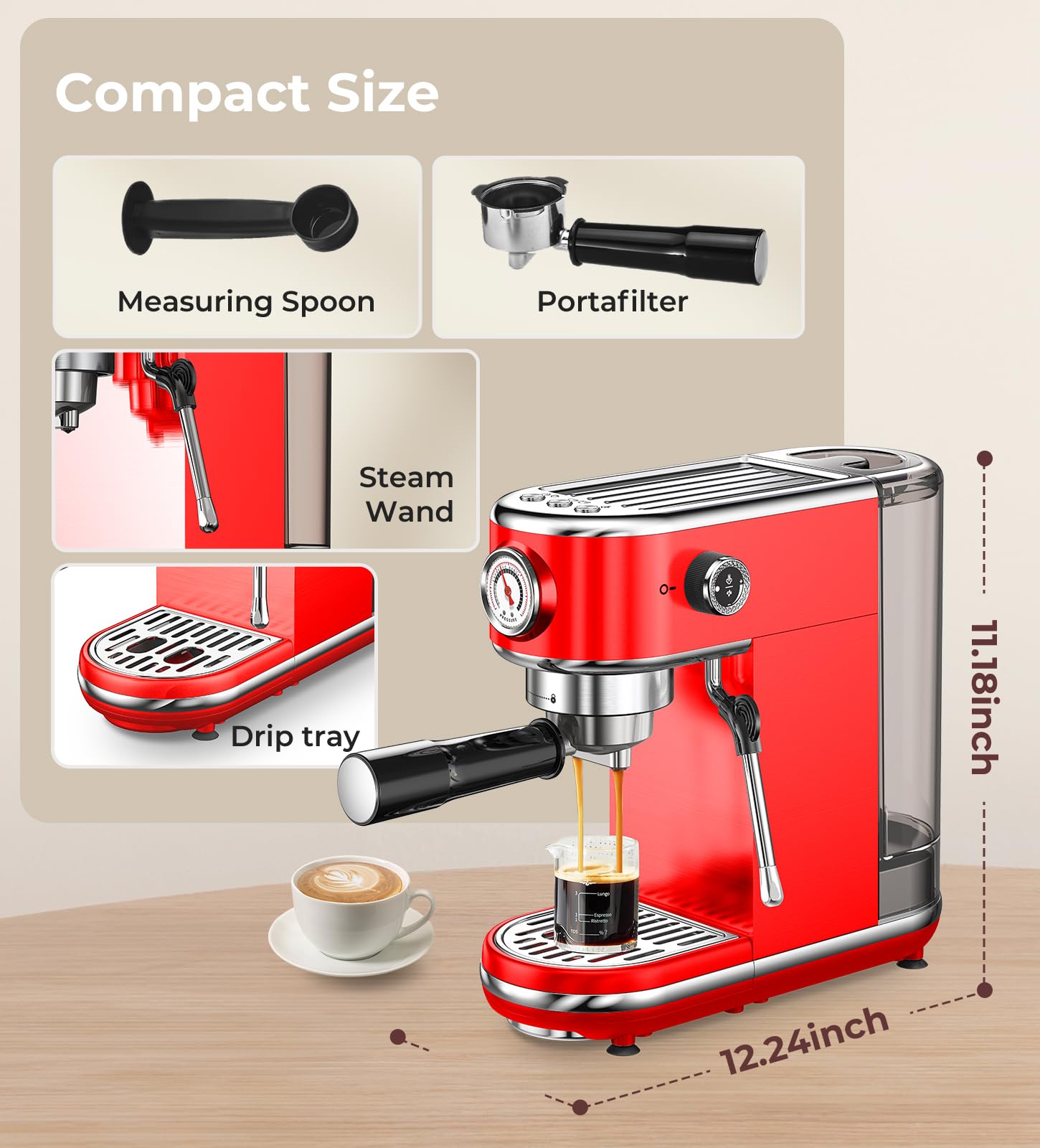atatix Espresso Machine with Milk Frother, 20 Bar Pressure Espresso Maker, with 44OZ Removable Tank, Compact Stainless Steel Coffee Machine for Home, Office, Latte, Cappuccino, Macchiato, Silver