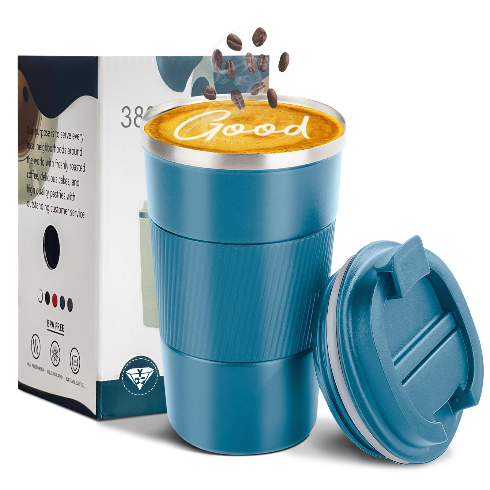 YINBAOGE Insulated Travel Coffee Mug, Spill & Leak Proof, Portable To Go Camping Stainless Steel Coffee Tumbler, Reusable Thermal Coffee Cup with Lid for Hot & Cold Drinks (Black, 12 OZ)