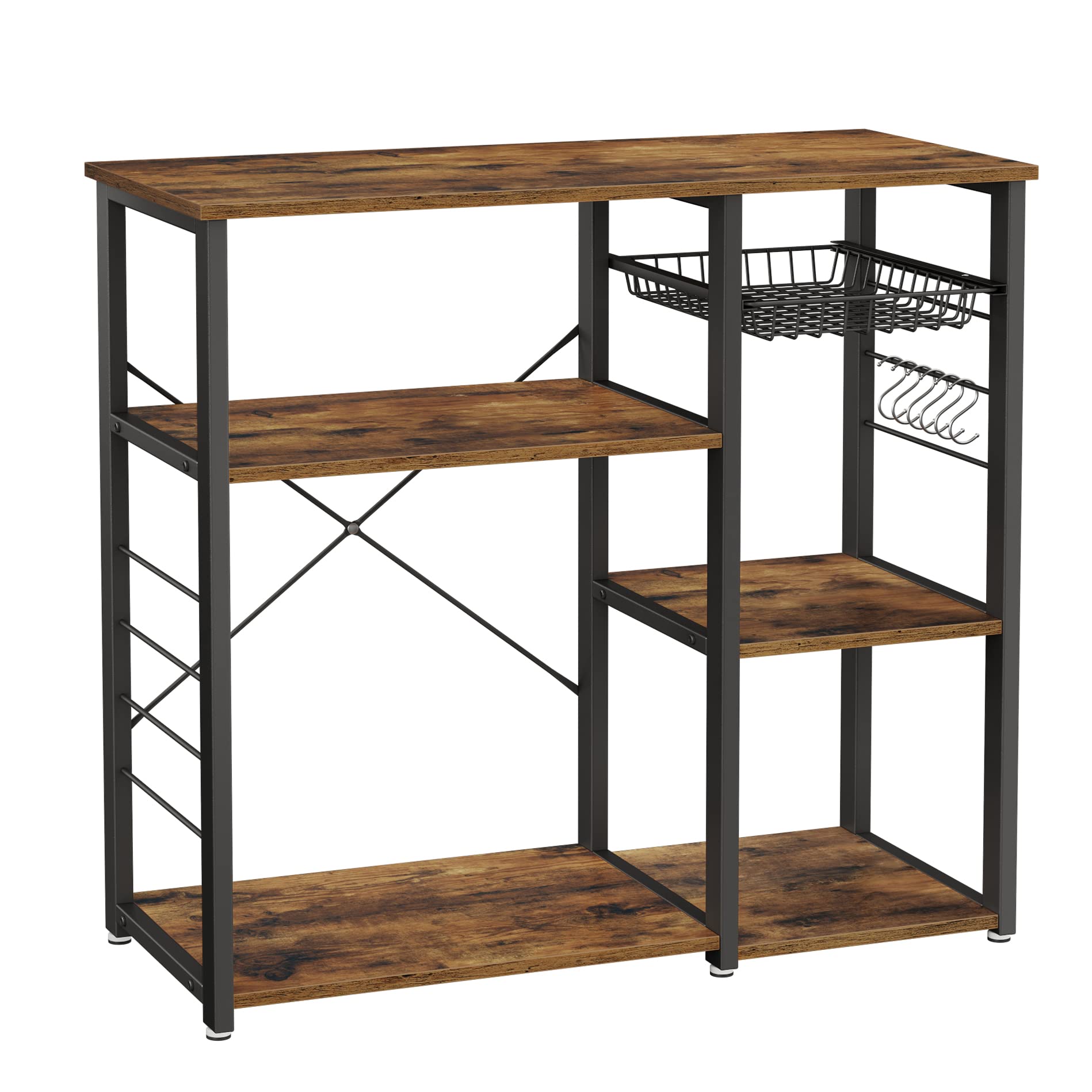 VASAGLE Baker's Rack, Coffee Bar Stand with Charging Station, 35.6 Inches Tall, Storage Shelves, Pull-Out Wire Basket, Table for Microwave, Kitchen, Rustic Brown and Ink Black UKKS036K01