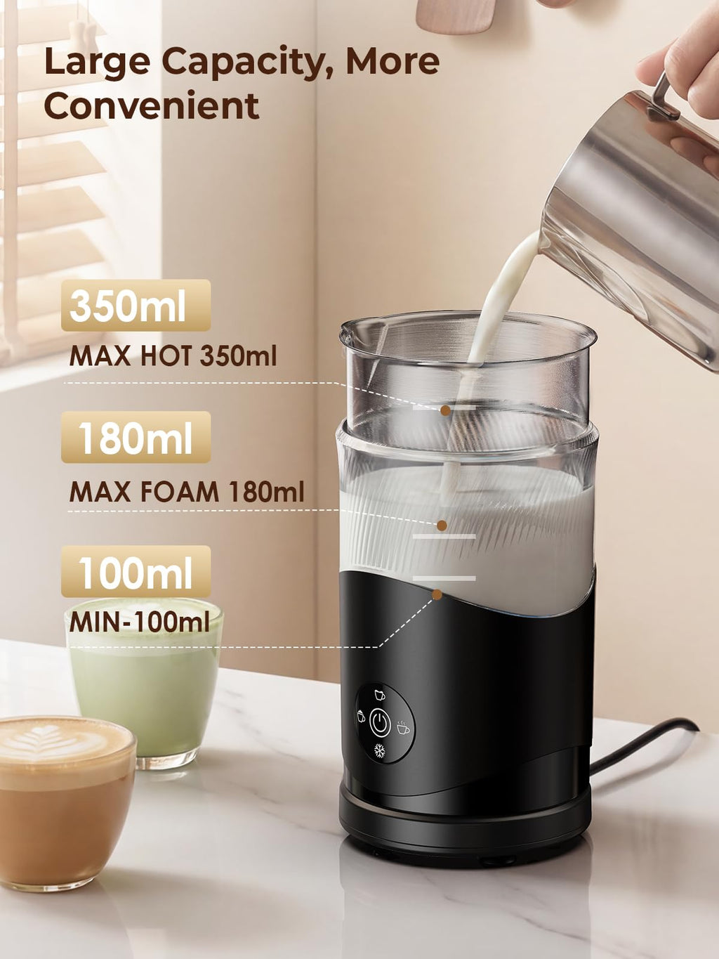 Large Capacity Milk Frother: 4-in-1 Electric Milk Steamer 350ml, 7700RPM High Speed, 120s Fast Frothing, 𝐇𝐨𝐭 & 𝐂𝐨𝐥𝐝 Foam Maker, Helpful Stainless Steel for Latte - Grayish Black