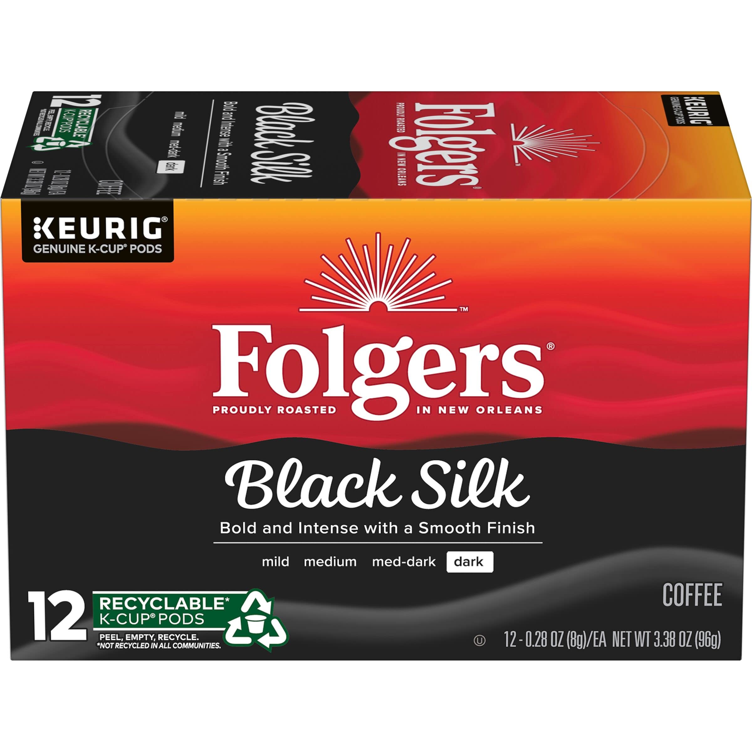 Folgers Black Silk, Dark Roast Coffee, Keurig K-Cup Pods, 12-Count Boxes (Pack of 6)