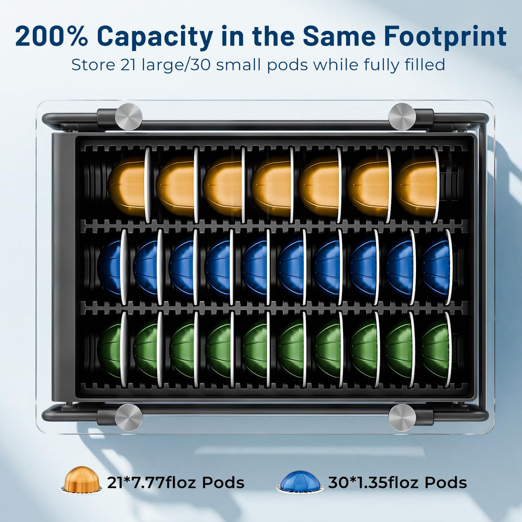 EVERIE Nespresso Vertuo Pod Holder Drawer, Coffee Pod Organizer with Universal Slots, Holds 40 Large or 52 Small Capsules, Tempered Glass Top Storage Drawer for Coffee Makers, 12" x 16.5" x 3.5"