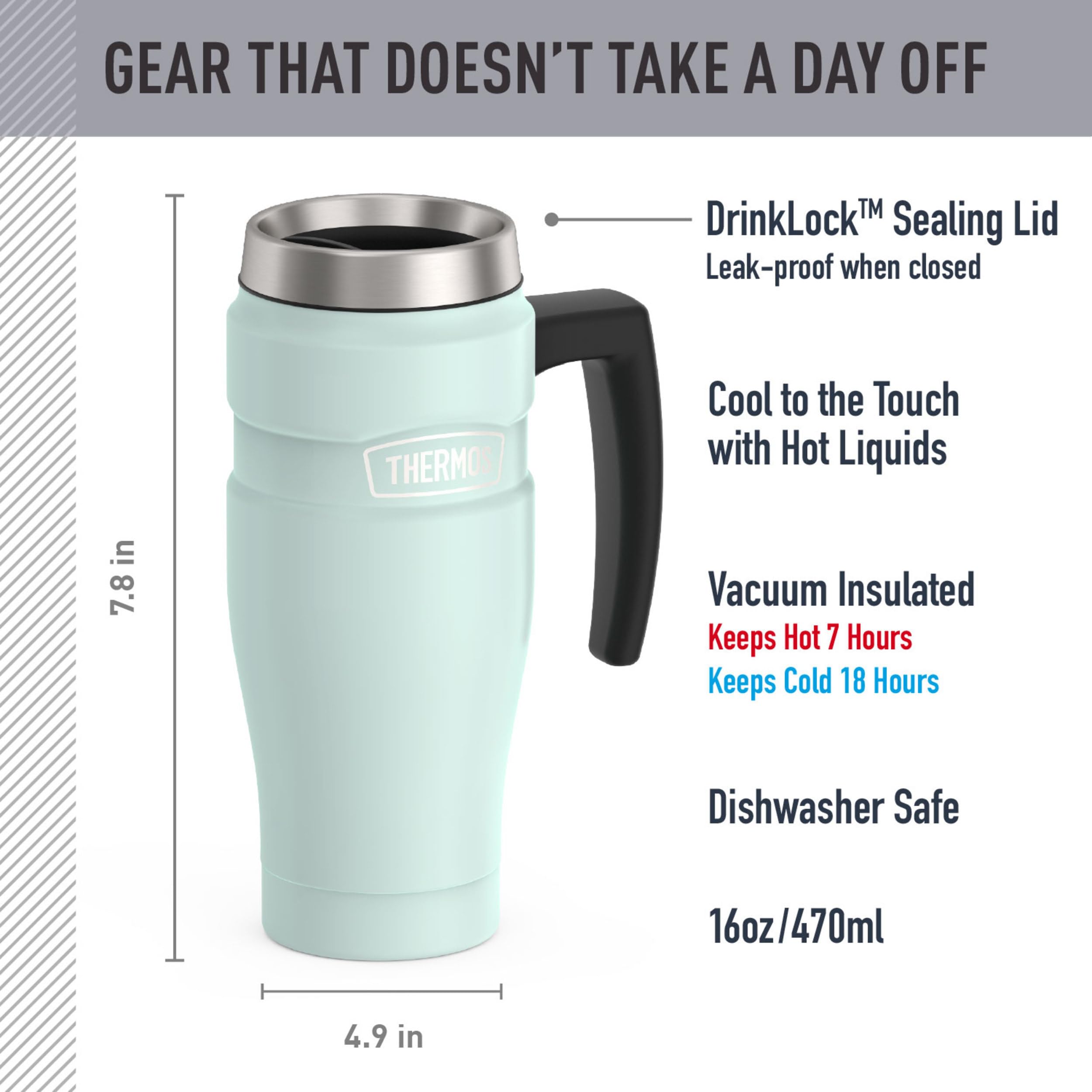 THERMOS Stainless King Vacuum-Insulated Travel Mug with Handle - 16oz, Midnight Blue - Thermos Tumbler for Hot & Cold Drinks - Leak & Sweat-Proof Stainless Steel Coffee Mug with Lid for Commuting