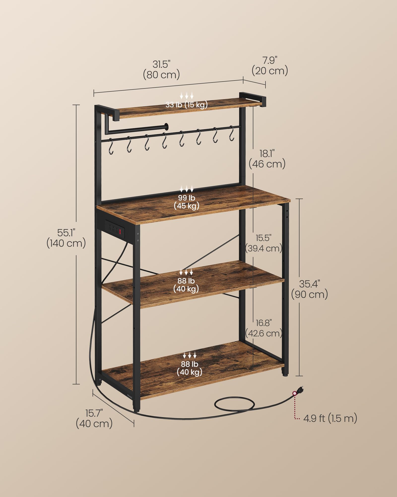 VASAGLE BARNET Collection - Kitchen Bakers Rack with Power Outlet, 31.5-Inch Wide Coffee Bar 4-Tier with 8 S Hooks, Modern Microwave Stand, Adjustable Shelf, Rustic Brown and Ink Black UKKS029KD01