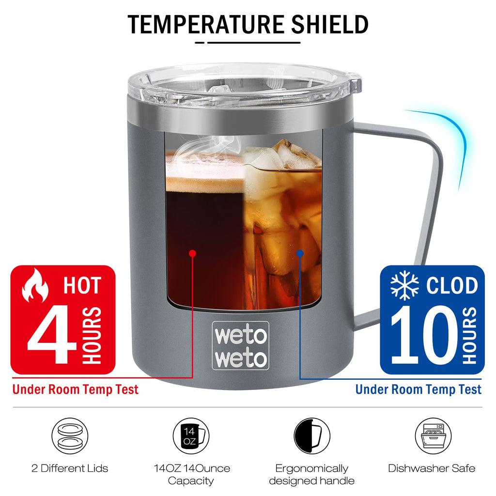 WETOWETO Coffee Mug with Handle, 14oz Insulated Stainless Steel Coffee Travel Mug, Double Wall Vacuum Reusable Coffee Cup with Lid, Powder Coated Rose Gold