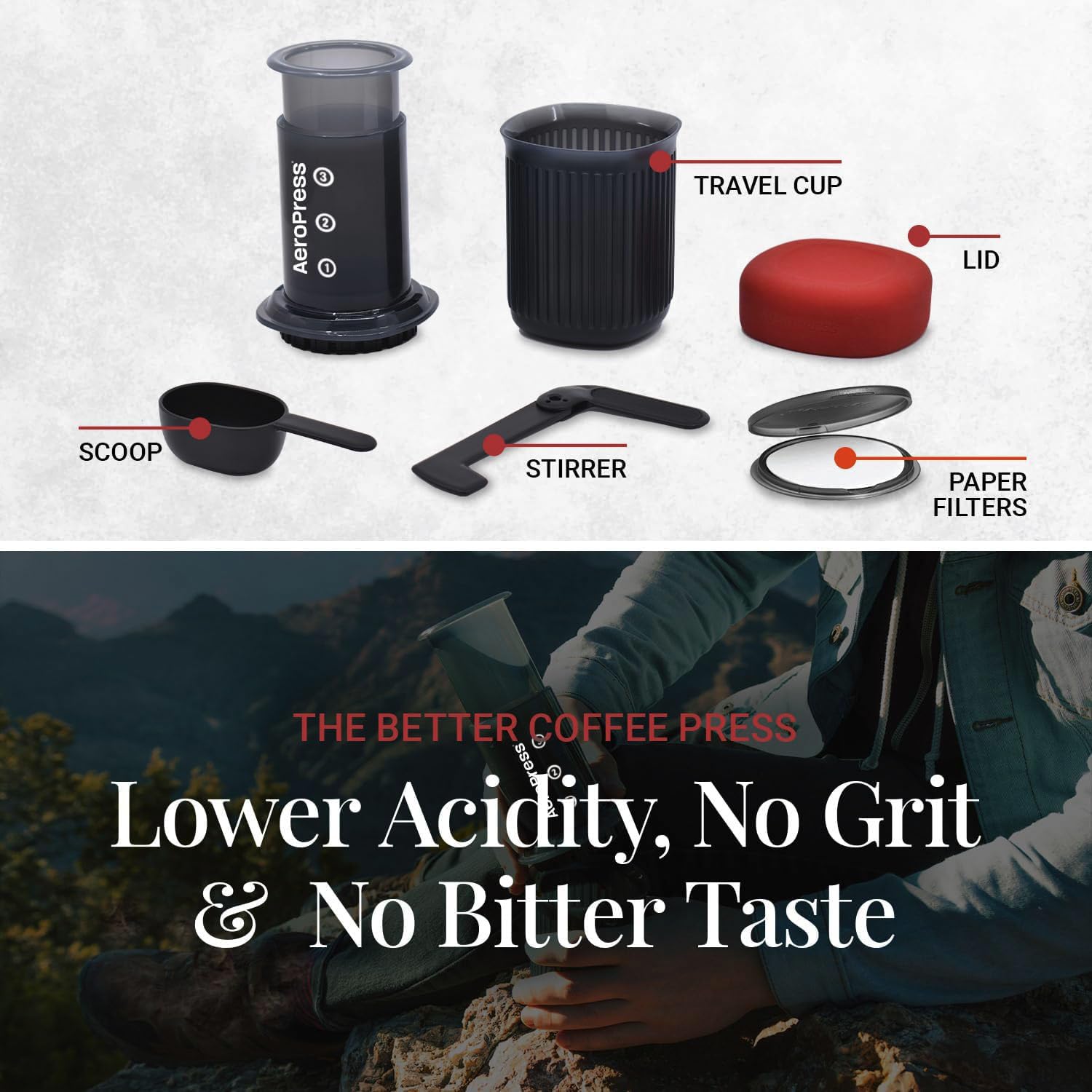 AeroPress Go, Extra Small Portable Coffee Maker Kit, Travel, Hiking & Camping, All-in-One French Press, Pour-Over & Espresso Style Manual Brewer, 2 Min Brew Makes a Less Bitter, More Flavorful Cup