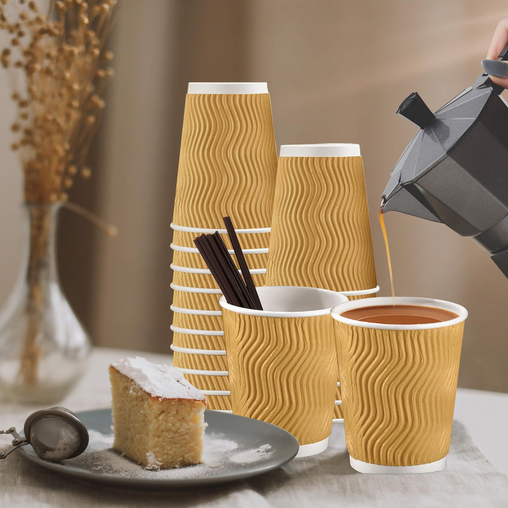 SIUQ 12 oz Coffee Cups-90 Pack Disposable Coffee Cups with Lids and Straws, Insulated Ripple Wall To Go Paper Coffee Cup for Coffee, Hot Chocolate and Hot Tea Drinks - Champagne