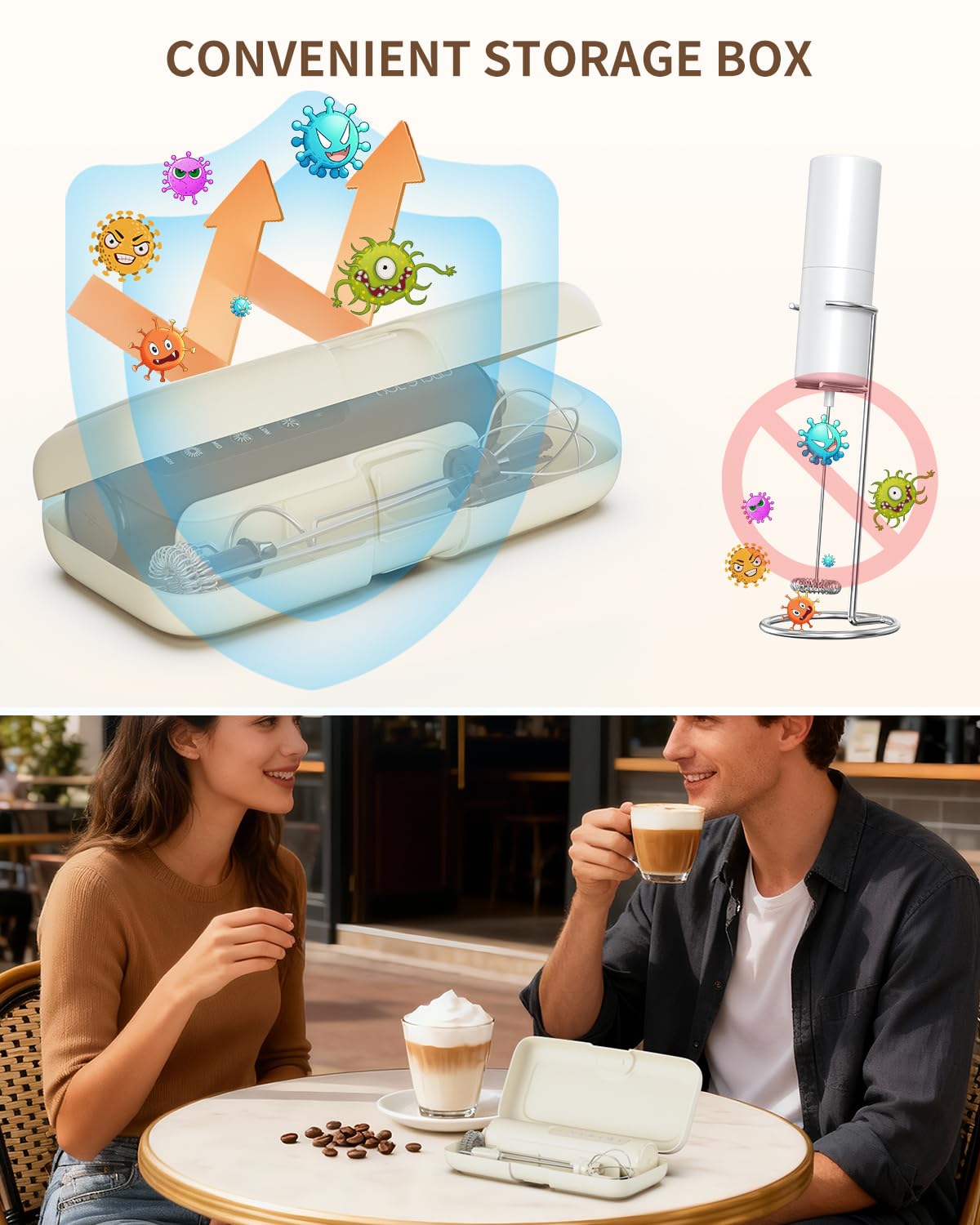 CIRCLE JOY Rechargeable Handheld Milk Frother Wand with 3 Variable Speeds, 3 Whisks and Storage Box, Electric Drink Mixer for Latte, Cappuccino, Hot Chocolate, Eggs and Protein Powder, Black