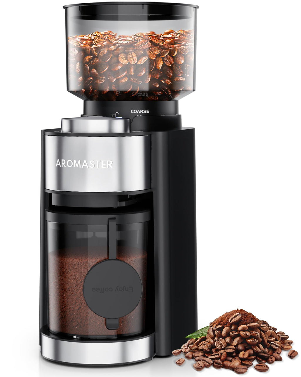 Aromaster Burr Coffee Grinder, Electric Conical Coffee Bean Grinder for Home Use, with 25 Grind Settings,3-Ears Portafilter Holder, Anti-static Design, Adjustable 2-12 Cups Timer, Cleaning Brush
