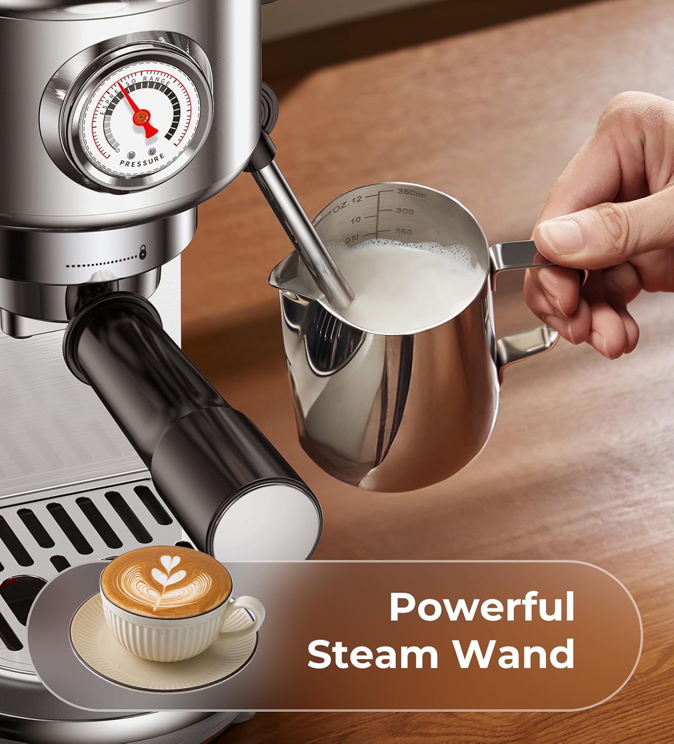 Espresso Machine with Milk Frother, 20 Bar Pressure Espresso Maker, with 44OZ Removable Tank, Compact Stainless Steel Coffee Machine for Home, Office, Latte, Cappuccino, Gift for Women or Men
