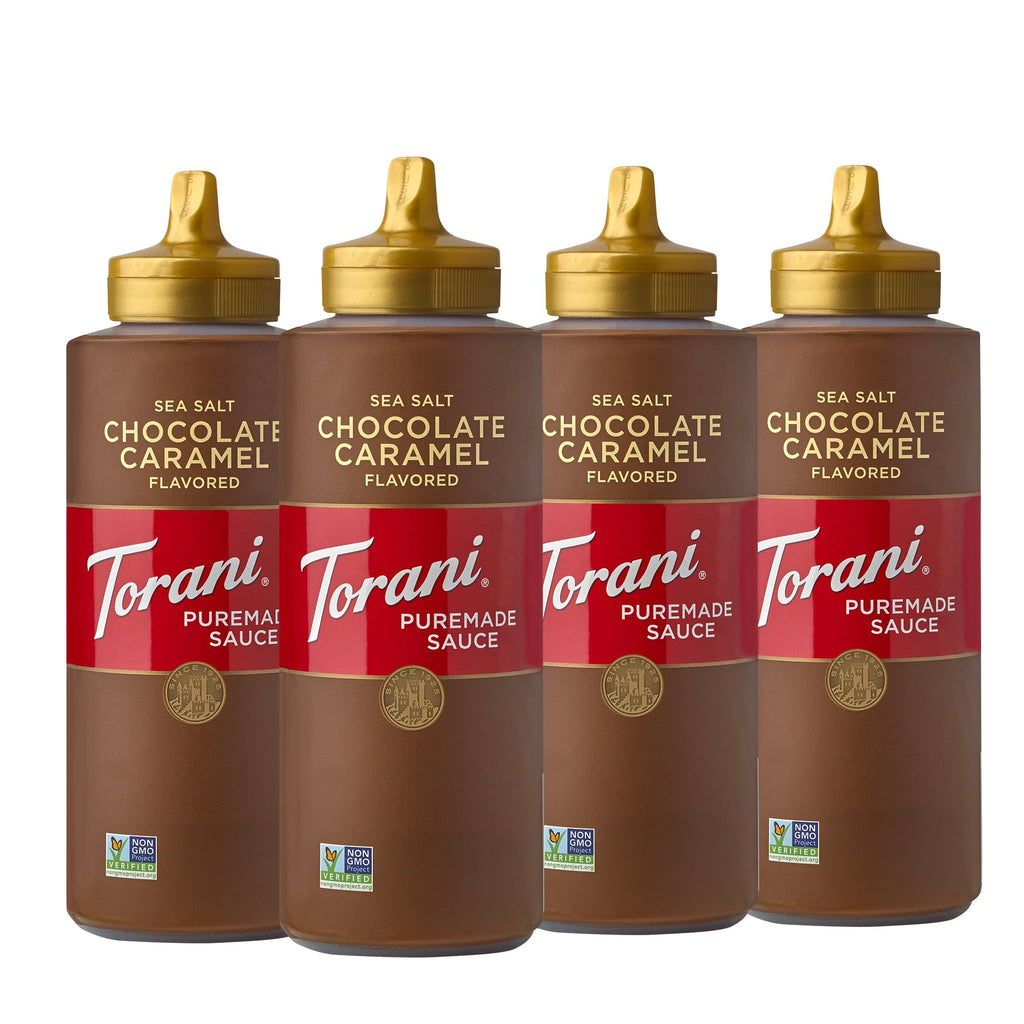 Torani Puremade Dessert & Drink Sauce Variety Pack, Chocolate Caramel, Dark Chocolate, White Chocolate & Caramel, 16.5 fl oz (Set of 4)