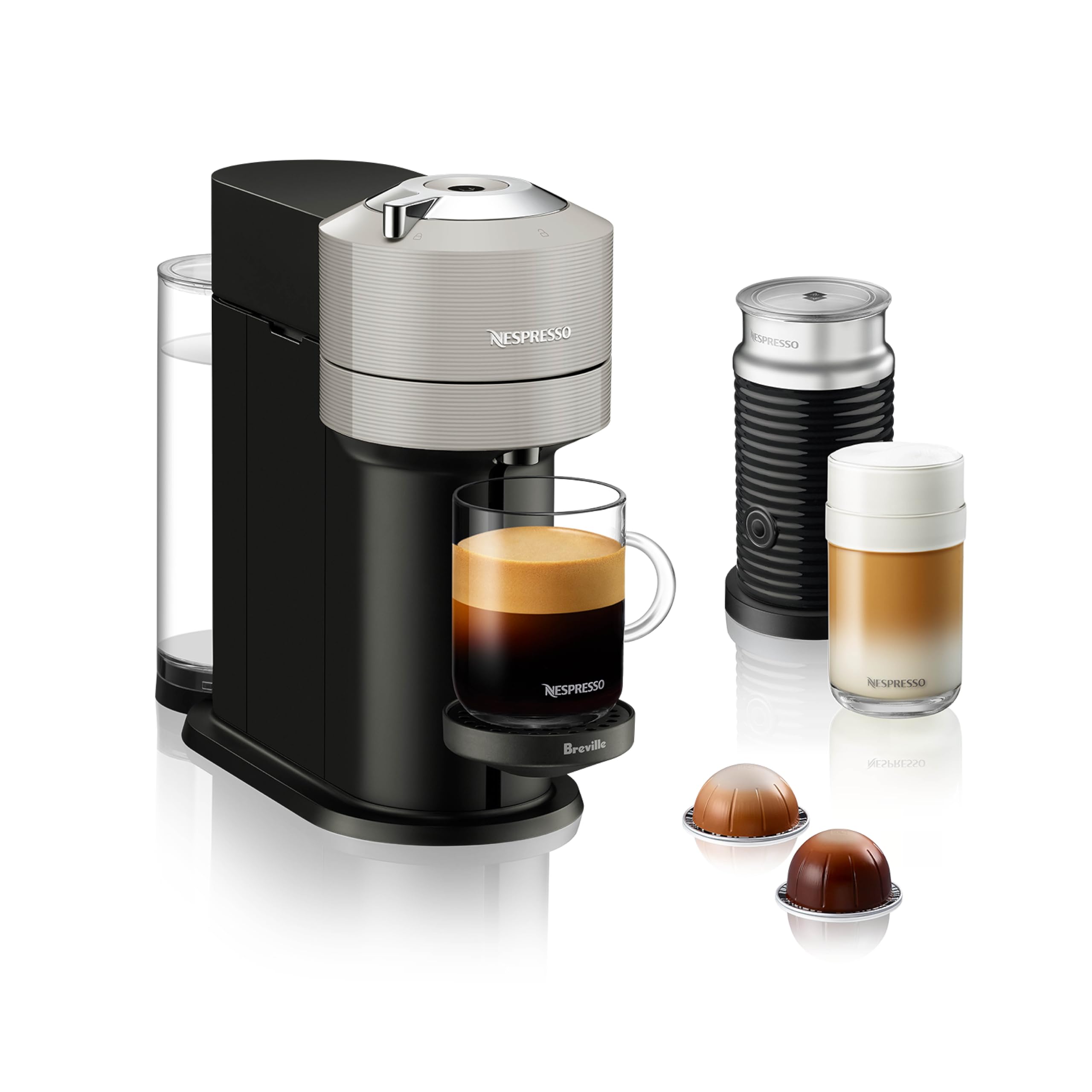 Nespresso Vertuo Next Coffee and Espresso Maker by Breville, with Aeroccino Milk Frother, Light Grey