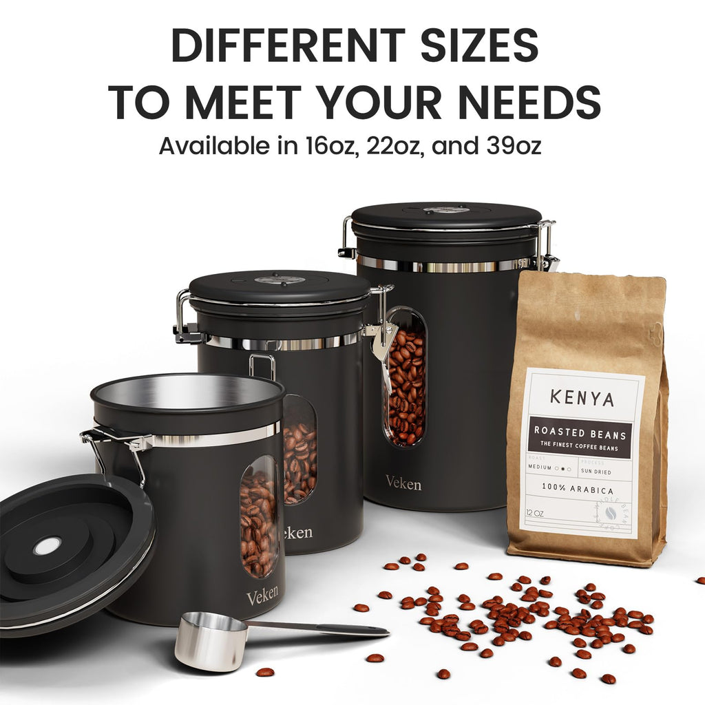 Veken Coffee Canister with Window,Airtight Stainless Steel Pantry Container,Home Kitchen Food Storage Organizers for Ground,Beans,Espresso,Rice,Tea,Sugar,Cereal, Decor,Bar Accessories,Gifts,22OZ,Black