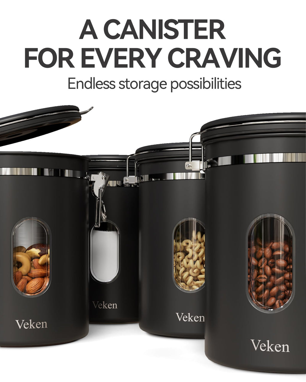Veken Coffee Canister with Window,Airtight Stainless Steel Pantry Container,Home Kitchen Food Storage Organizers for Ground,Beans,Espresso,Rice,Tea,Sugar,Cereal, Decor,Bar Accessories,Gifts,22OZ,Black