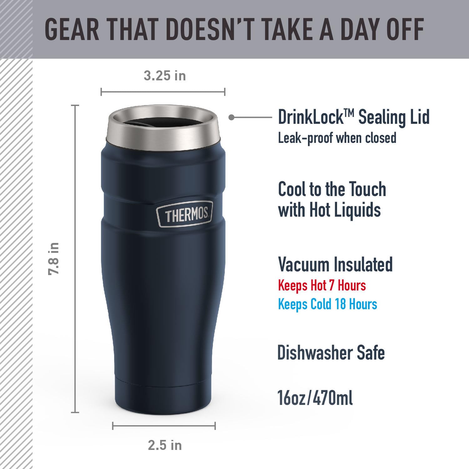 THERMOS Stainless King Vacuum-Insulated Travel Mug with Handle - 16oz, Midnight Blue - Thermos Tumbler for Hot & Cold Drinks - Leak & Sweat-Proof Stainless Steel Coffee Mug with Lid for Commuting