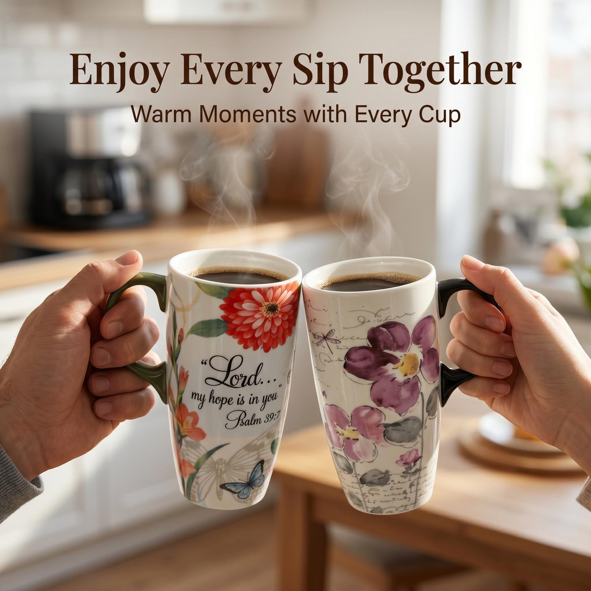 Topadorn 17oz Ceramic Travel Mug with Lid, Tall Ceramic Coffee Mug with Handle, Purple Floral Coffee Cup with Gift Box