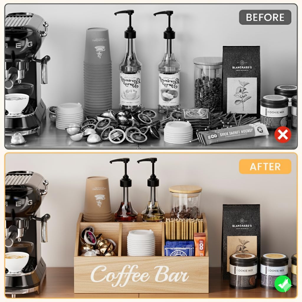Coffee Station Organizer for Countertop – Wooden Coffee Bar Organizer with Adjustable Dividers,Holds K Cup Pod & syrup bottles, for Kitchen, Office, or Bar and Tea Station, Black