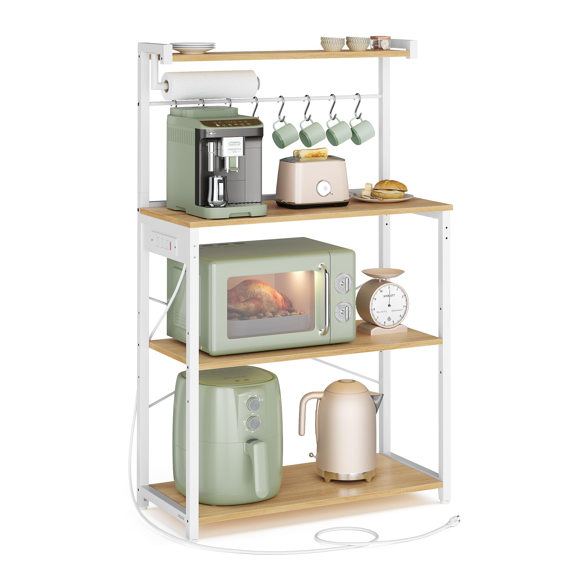 VASAGLE BARNET Collection - Kitchen Bakers Rack with Power Outlet, 31.5-Inch Wide Coffee Bar 4-Tier with 8 S Hooks, Modern Microwave Stand, Adjustable Shelf, Rustic Brown and Ink Black UKKS029KD01