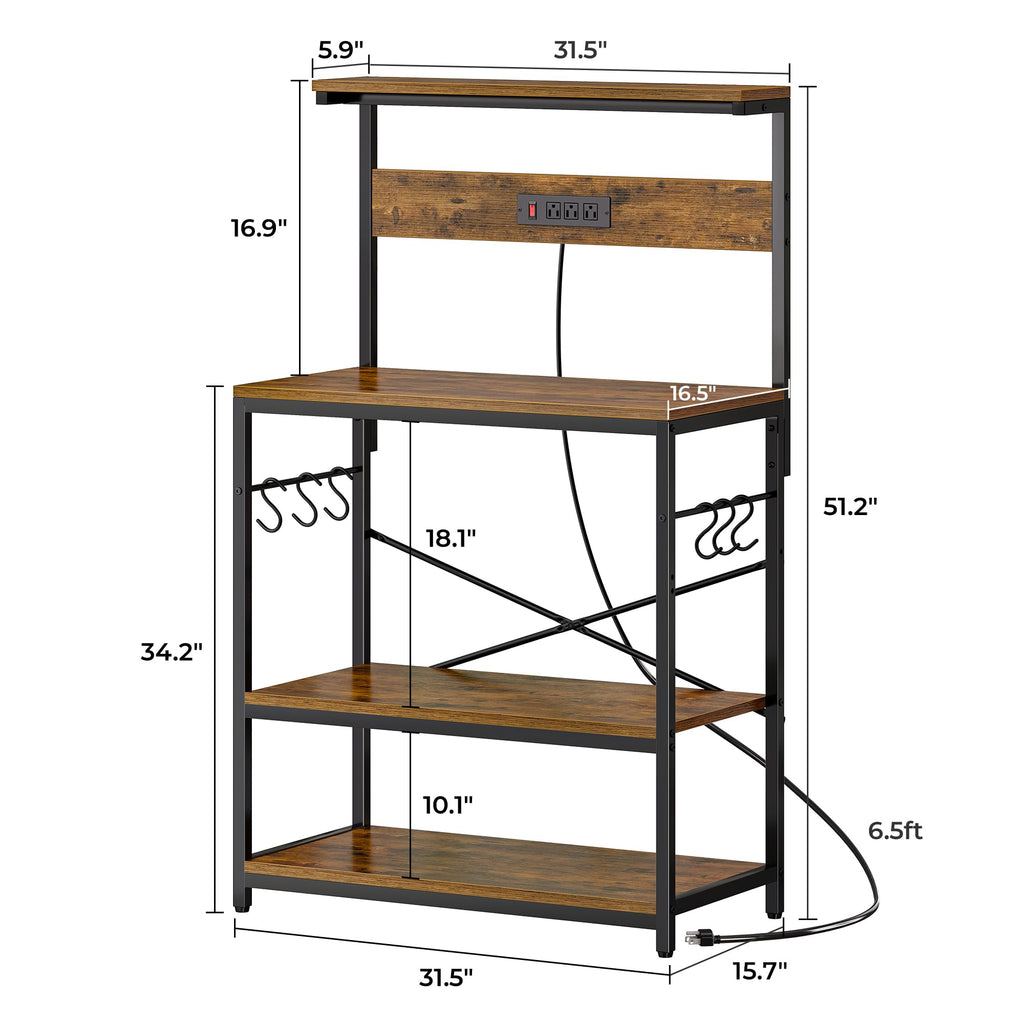 SUPERJARE Kitchen Bakers Rack with Power Outlet, Coffee Bar Table 4 Tiers, Kitchen Microwave Stand with 6 S-shaped Hooks, Storage Shelf Rack for Spices, Pots and Pans - Rustic Brown