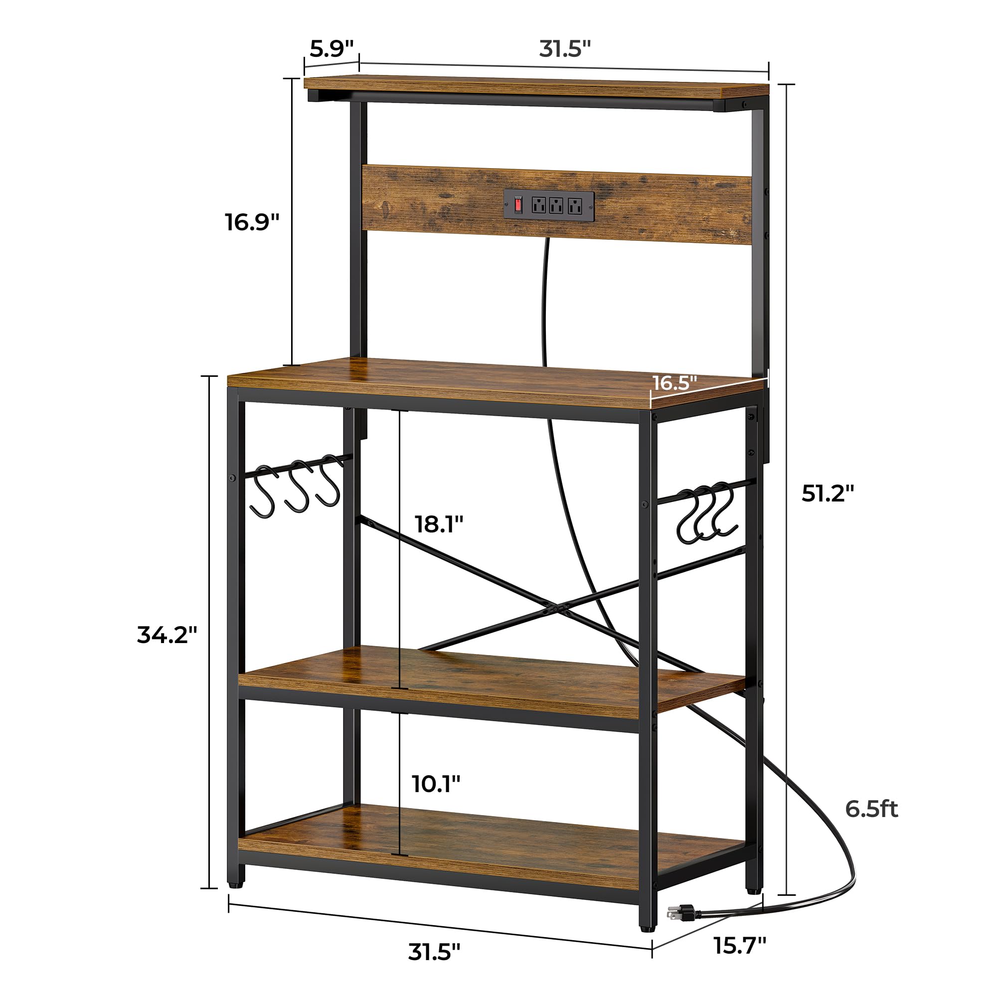 SUPERJARE Kitchen Bakers Rack with Power Outlet, Coffee Bar Table 4 Tiers, Kitchen Microwave Stand with 6 S-shaped Hooks, Storage Shelf Rack for Spices, Pots and Pans - Rustic Brown