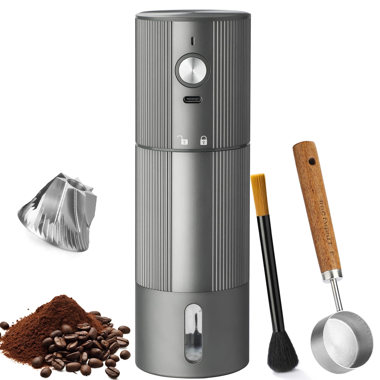 Portable Coffee Grinder Electric Burr Coffee Grinder with 45 Adjustable Settings, Rechargeable Coffee Grinders for Espresso, Travel, Camping and Office (Silver)
