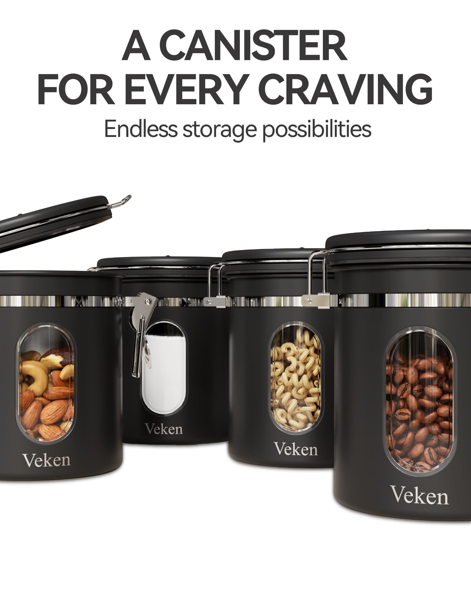 Veken Coffee Canister with Window,Airtight Stainless Steel Pantry Container,Home Kitchen Food Storage Organizers for Ground,Beans,Espresso,Rice,Tea,Sugar,Cereal, Decor,Bar Accessories,Gifts,22OZ,Black
