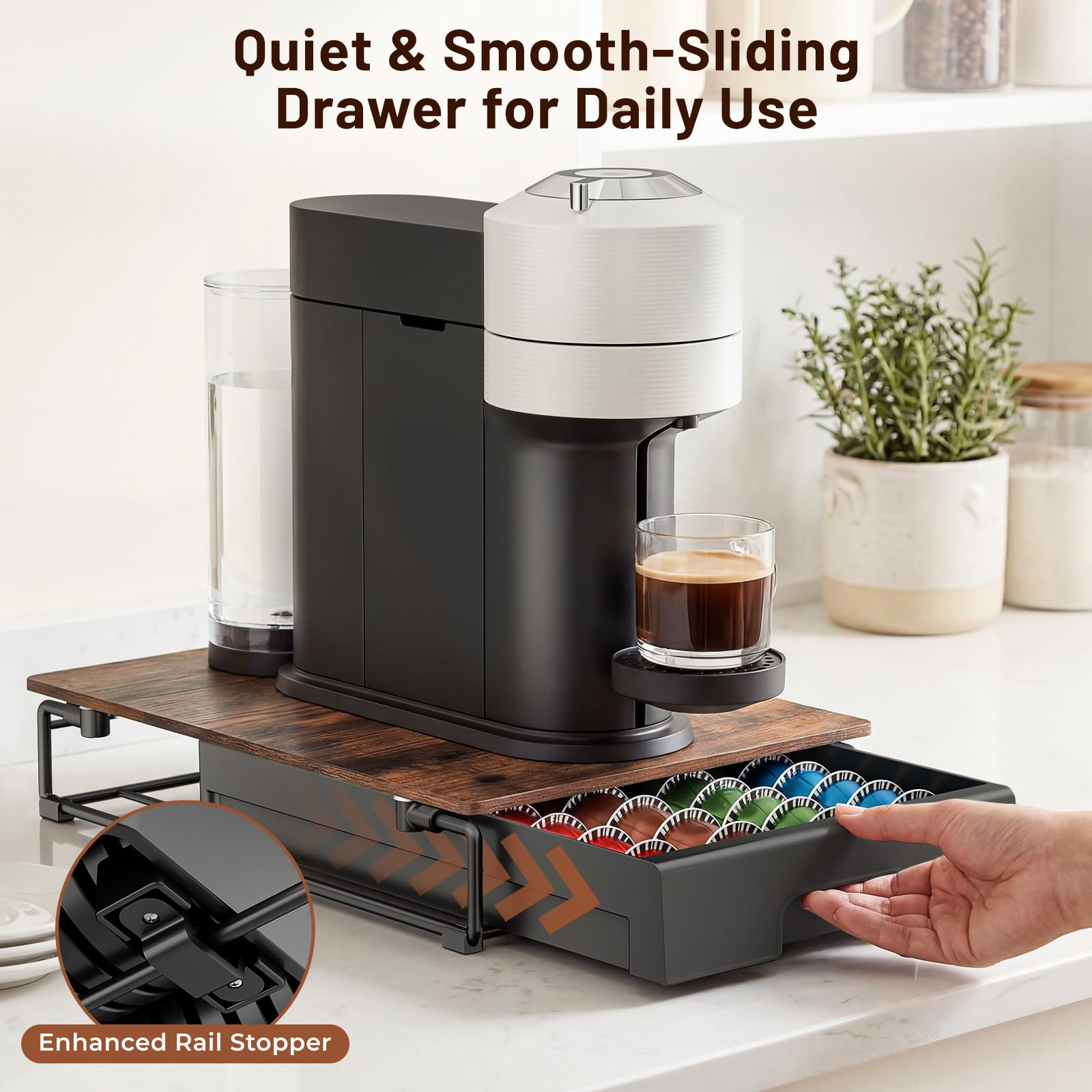 EVERIE Nespresso Vertuo Pod Holder Drawer, Coffee Pod Organizer with Universal Slots, Holds 40 Large or 52 Small Capsules, Tempered Glass Top Storage Drawer for Coffee Makers, 12" x 16.5" x 3.5"