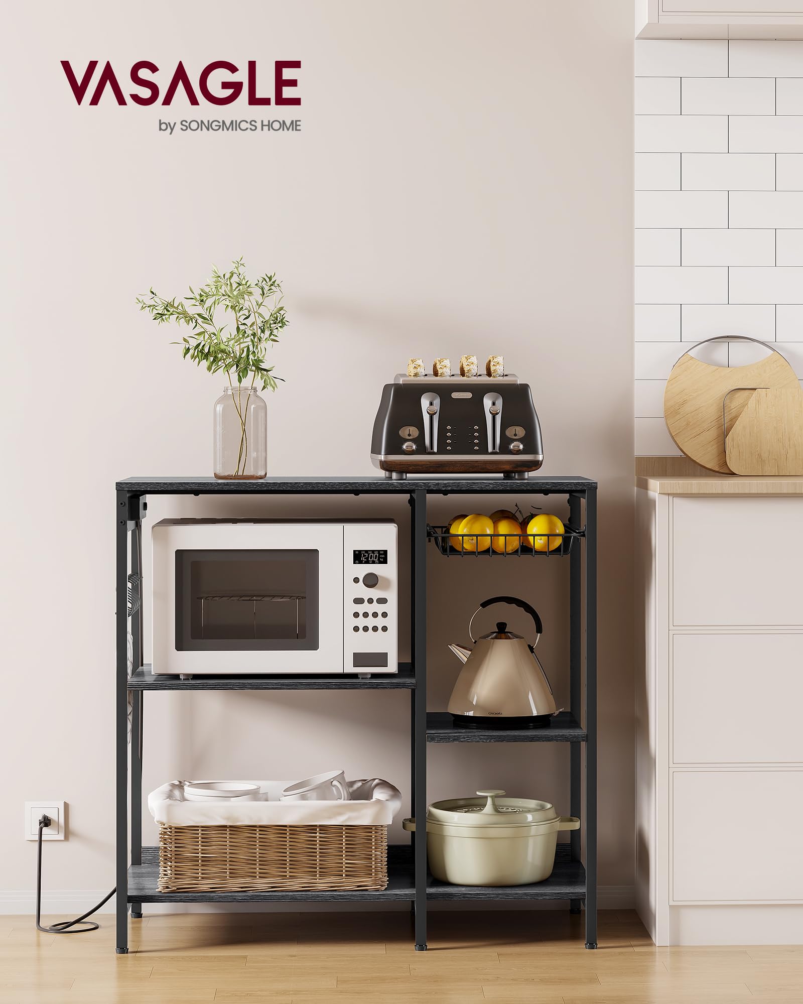 VASAGLE Baker's Rack, Coffee Bar Stand with Charging Station, 35.6 Inches Tall, Storage Shelves, Pull-Out Wire Basket, Table for Microwave, Kitchen, Rustic Brown and Ink Black UKKS036K01