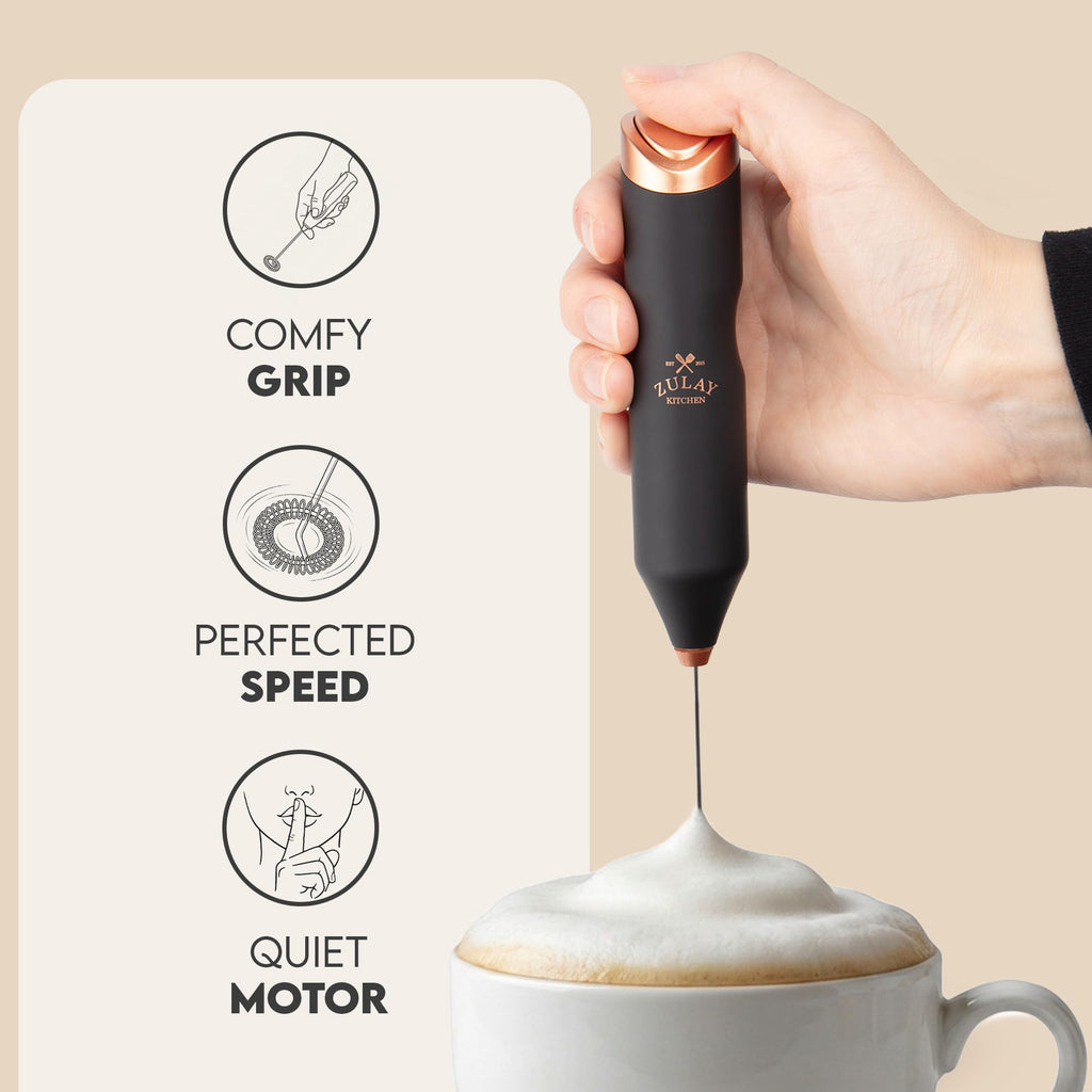 Zulay Kitchen Powerful Milk Frother AA Batteries Included – Ultra Fast Handheld Drink Mixer with Stainless Steel Whisk Stirrer for Coffee, Protein, Matcha & More, Frother Wand Electric Frothmate Black