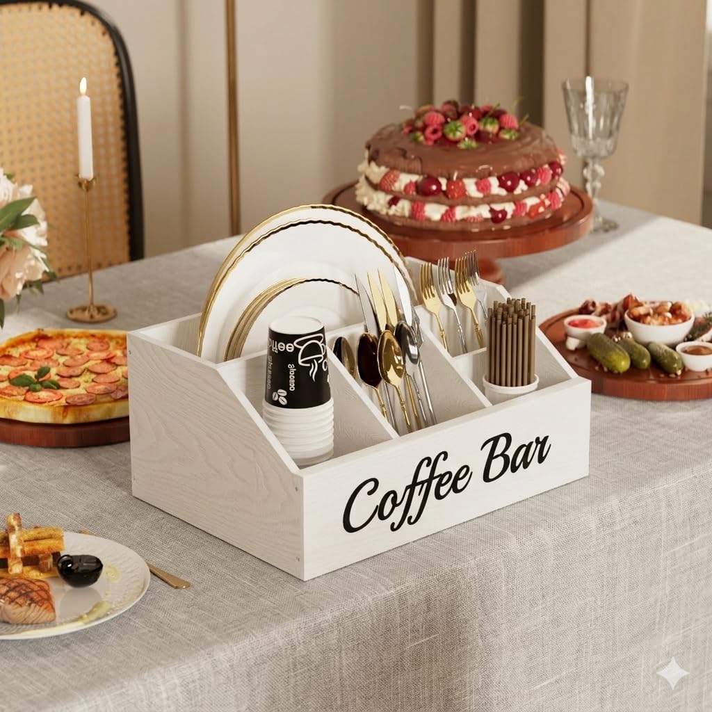 Coffee Station Organizer for Countertop – Wooden Coffee Bar Organizer with Adjustable Dividers,Holds K Cup Pod & syrup bottles, for Kitchen, Office, or Bar and Tea Station, Black