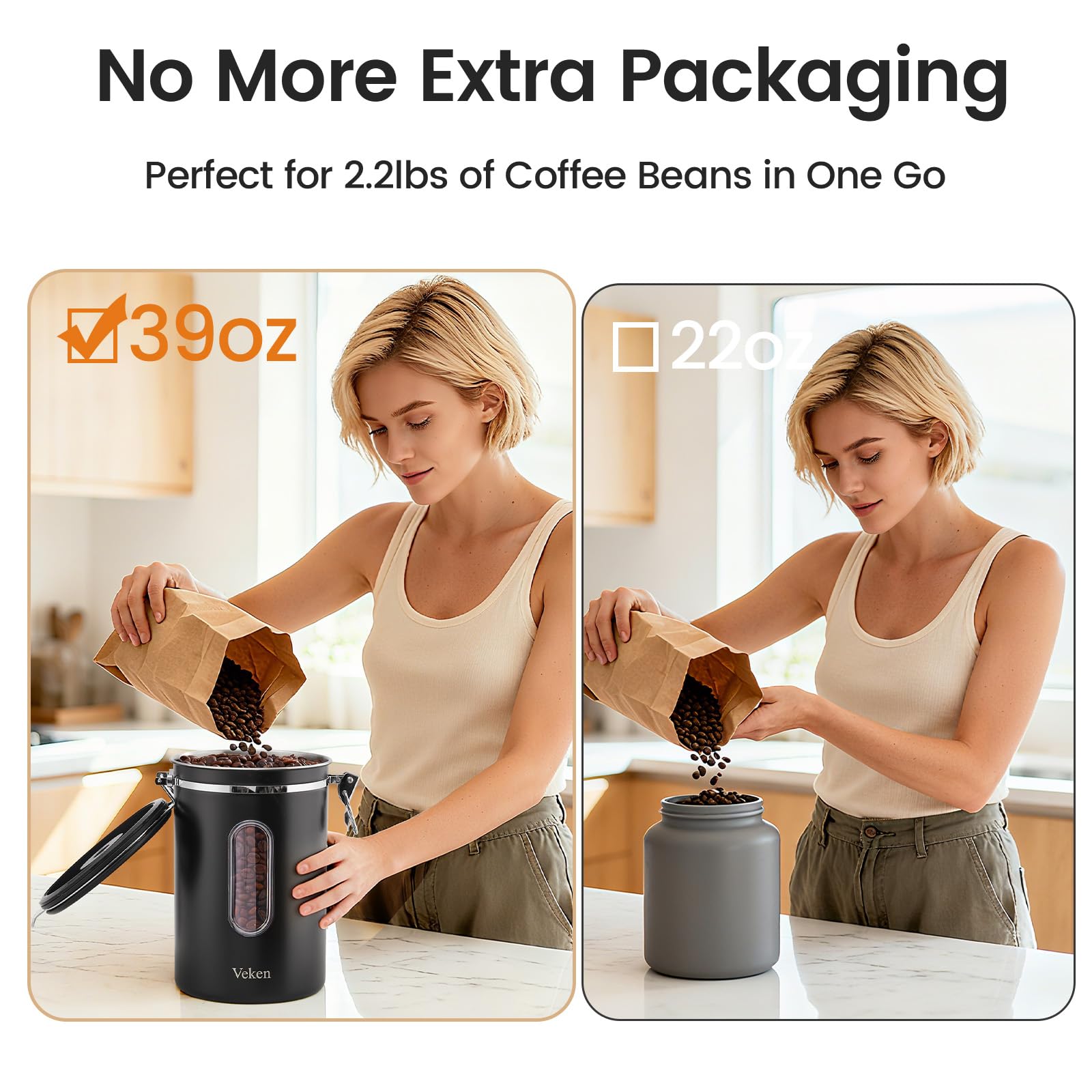 Veken Coffee Canister with Window,Airtight Stainless Steel Pantry Container,Home Kitchen Food Storage Organizers for Ground,Beans,Espresso,Rice,Tea,Sugar,Cereal, Decor,Bar Accessories,Gifts,22OZ,Black