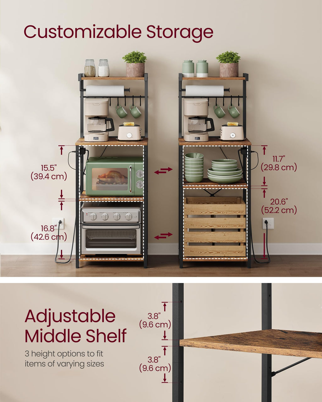 VASAGLE BARNET Collection - Kitchen Bakers Rack with Power Outlet, 31.5-Inch Wide Coffee Bar 4-Tier with 8 S Hooks, Modern Microwave Stand, Adjustable Shelf, Rustic Brown and Ink Black UKKS029KD01