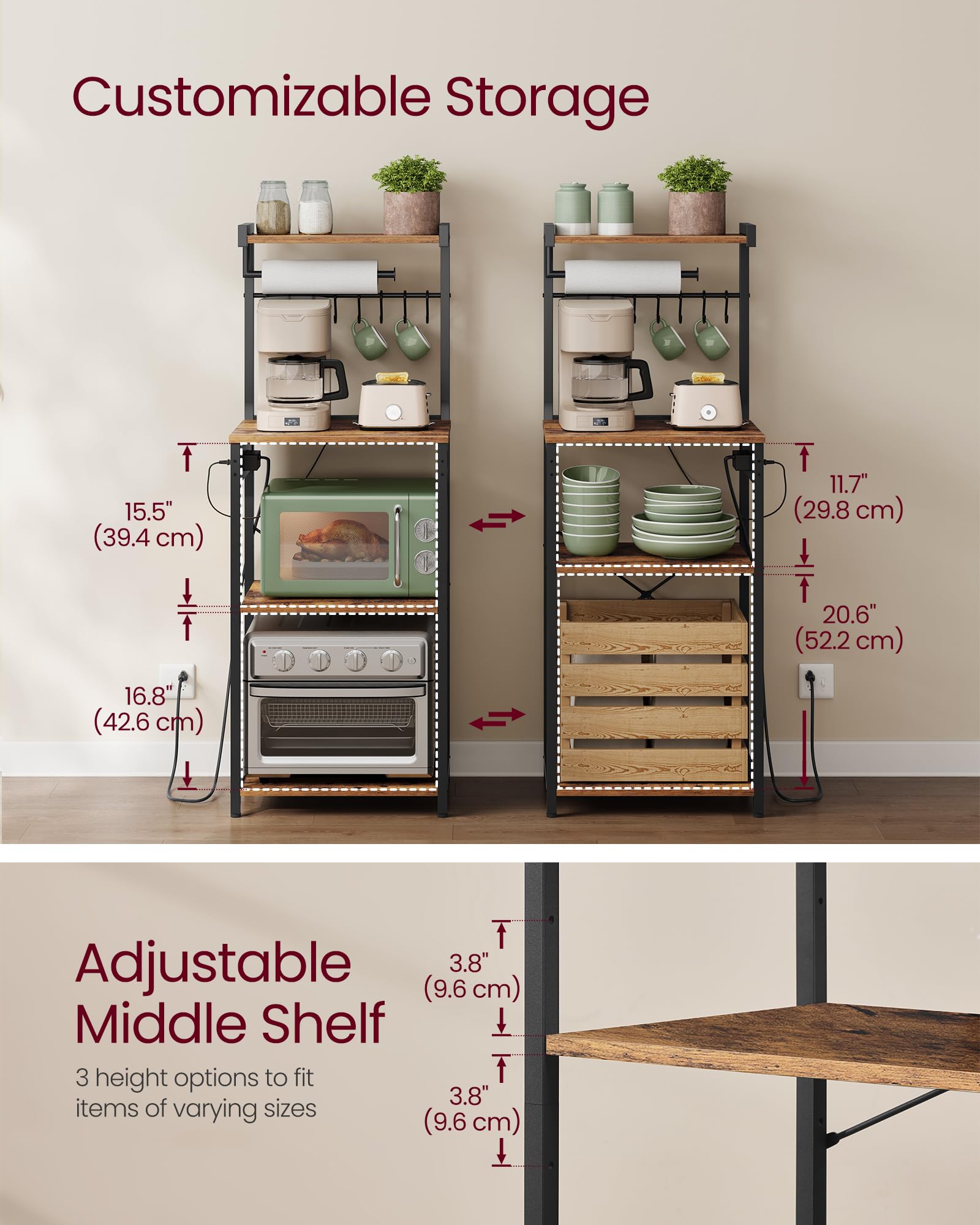 VASAGLE BARNET Collection - Kitchen Bakers Rack with Power Outlet, 31.5-Inch Wide Coffee Bar 4-Tier with 8 S Hooks, Modern Microwave Stand, Adjustable Shelf, Rustic Brown and Ink Black UKKS029KD01