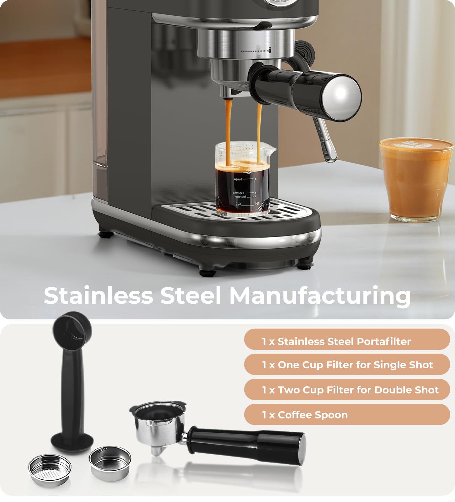 atatix Espresso Machine with Milk Frother, 20 Bar Pressure Espresso Maker, with 44OZ Removable Tank, Compact Stainless Steel Coffee Machine for Home, Office, Latte, Cappuccino, Macchiato, Silver