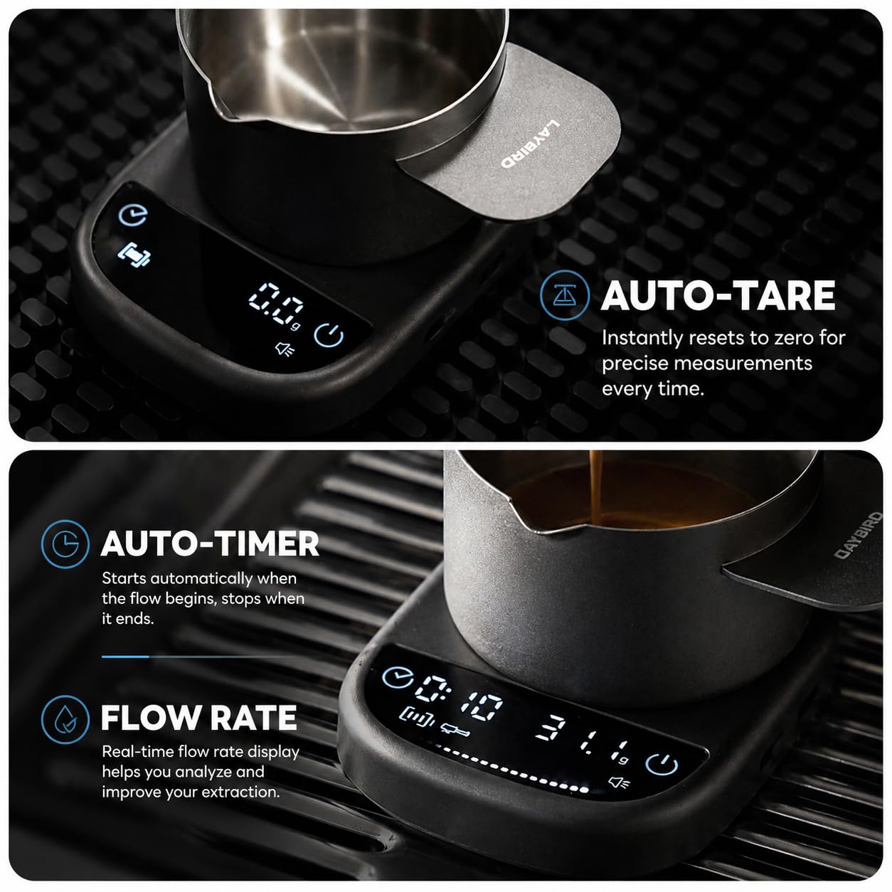 LAYBIRD MagAttach 3-in-1 Coffee Scale with Timer – Precision Espresso & Pour Over Scale with Flow Rate and Brew Ratio Display, Includes Magnetic Dosing Cup and Extension Platform Brewing Accessories