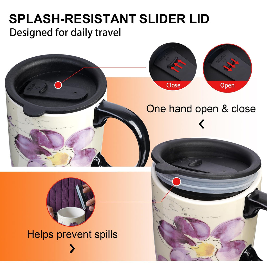 Topadorn 17oz Ceramic Travel Mug with Lid, Tall Ceramic Coffee Mug with Handle, Purple Floral Coffee Cup with Gift Box