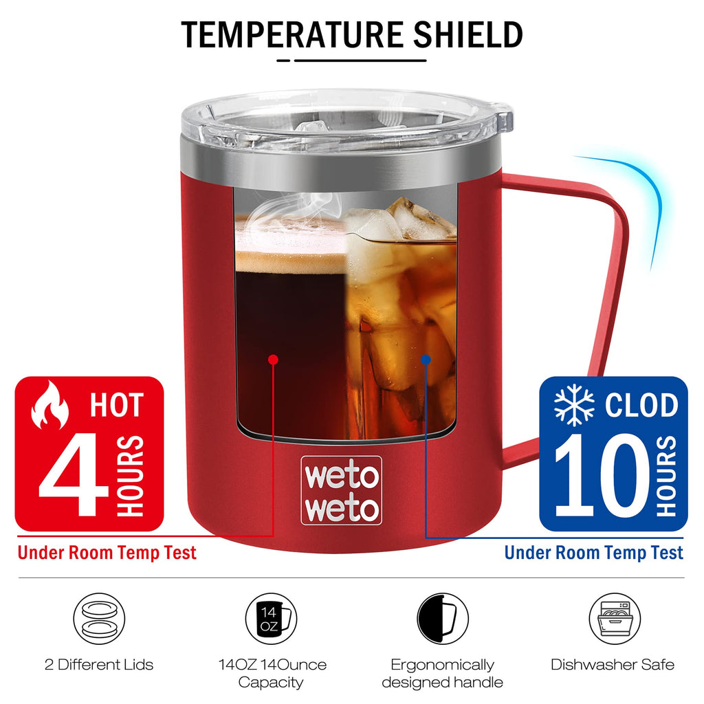 WETOWETO Coffee Mug with Handle, 14oz Insulated Stainless Steel Coffee Travel Mug, Double Wall Vacuum Reusable Coffee Cup with Lid, Powder Coated Rose Gold