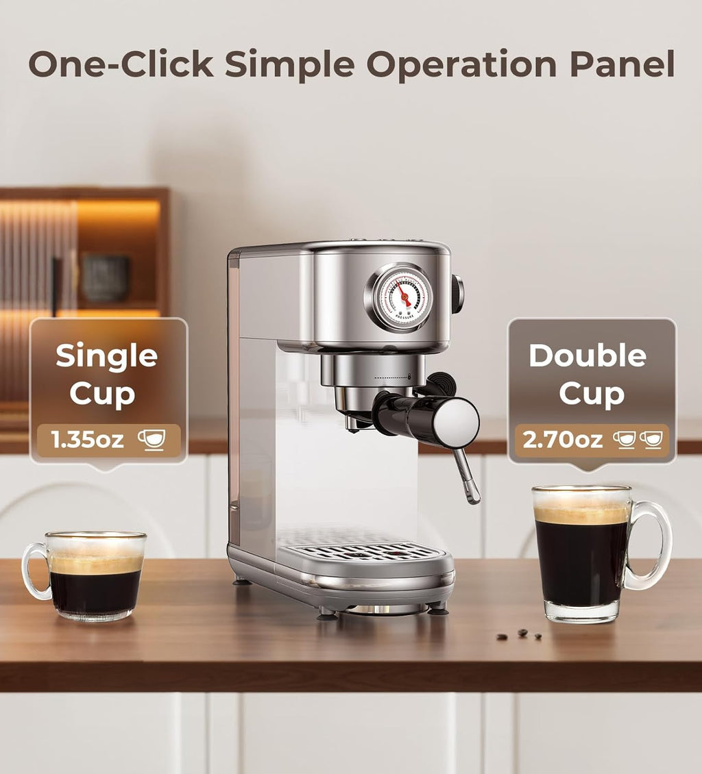 Espresso Machine with Milk Frother, 20 Bar Pressure Espresso Maker, with 44OZ Removable Tank, Compact Stainless Steel Coffee Machine for Home, Office, Latte, Cappuccino, Gift for Women or Men