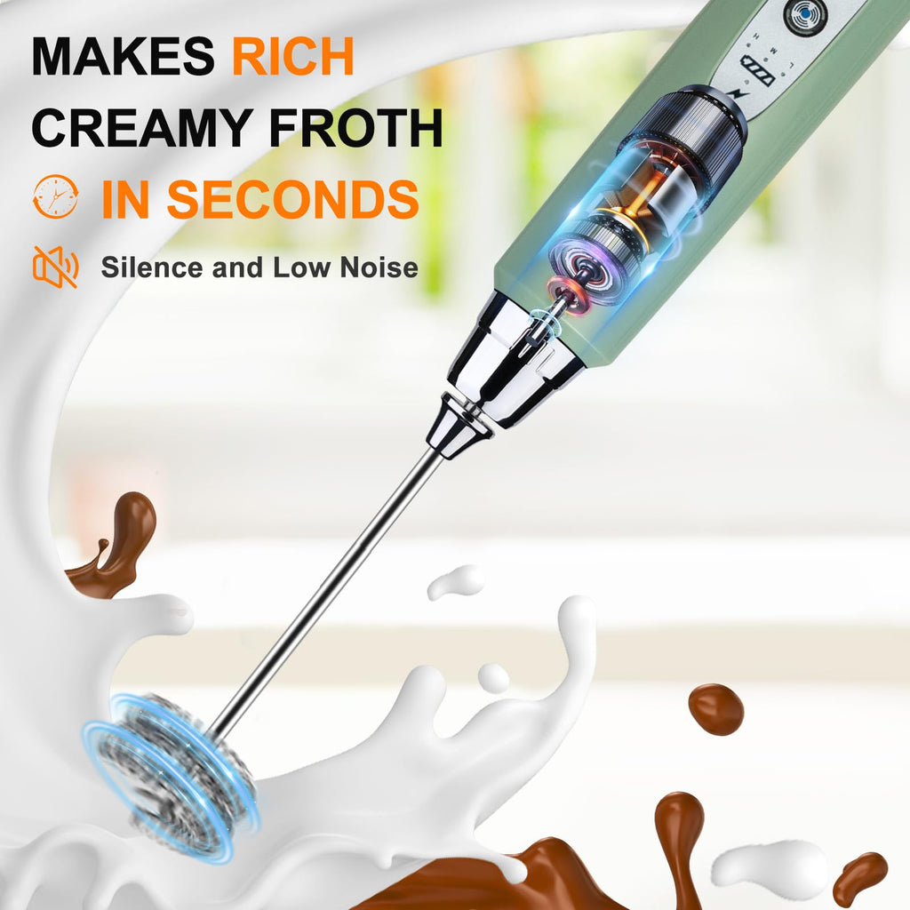 YUSWKO Black Handheld Milk Frother Wand for Coffee, Rechargeable Electric Whisk with 3 Heads 3 Speeds Drink Mixer Coffee Frother For Latte, Cappuccino, Hot Chocolate, Egg