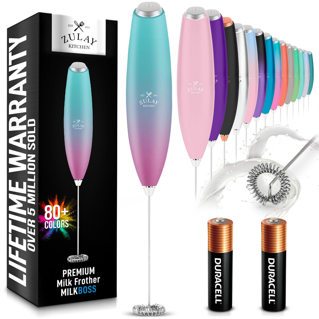 Zulay Kitchen Powerful Milk Frother AA Batteries Included – Ultra Fast Handheld Drink Mixer with Stainless Steel Whisk Stirrer for Coffee, Protein, Matcha & More, Frother Wand Electric Frothmate Black