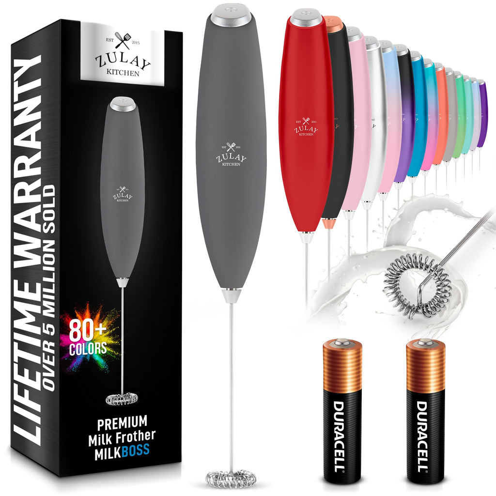 Zulay Kitchen Powerful Milk Frother AA Batteries Included – Ultra Fast Handheld Drink Mixer with Stainless Steel Whisk Stirrer for Coffee, Protein, Matcha & More, Frother Wand Electric Frothmate Black